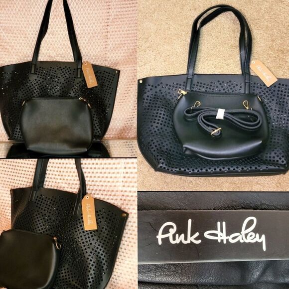 Pink Haley Black Mesh tote bag with a matching crossbody bag - Picture 1 of 16
